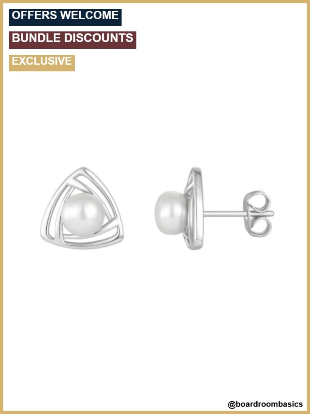 Freshwater Pearl Triangle Stud Earrings White Gold Plated